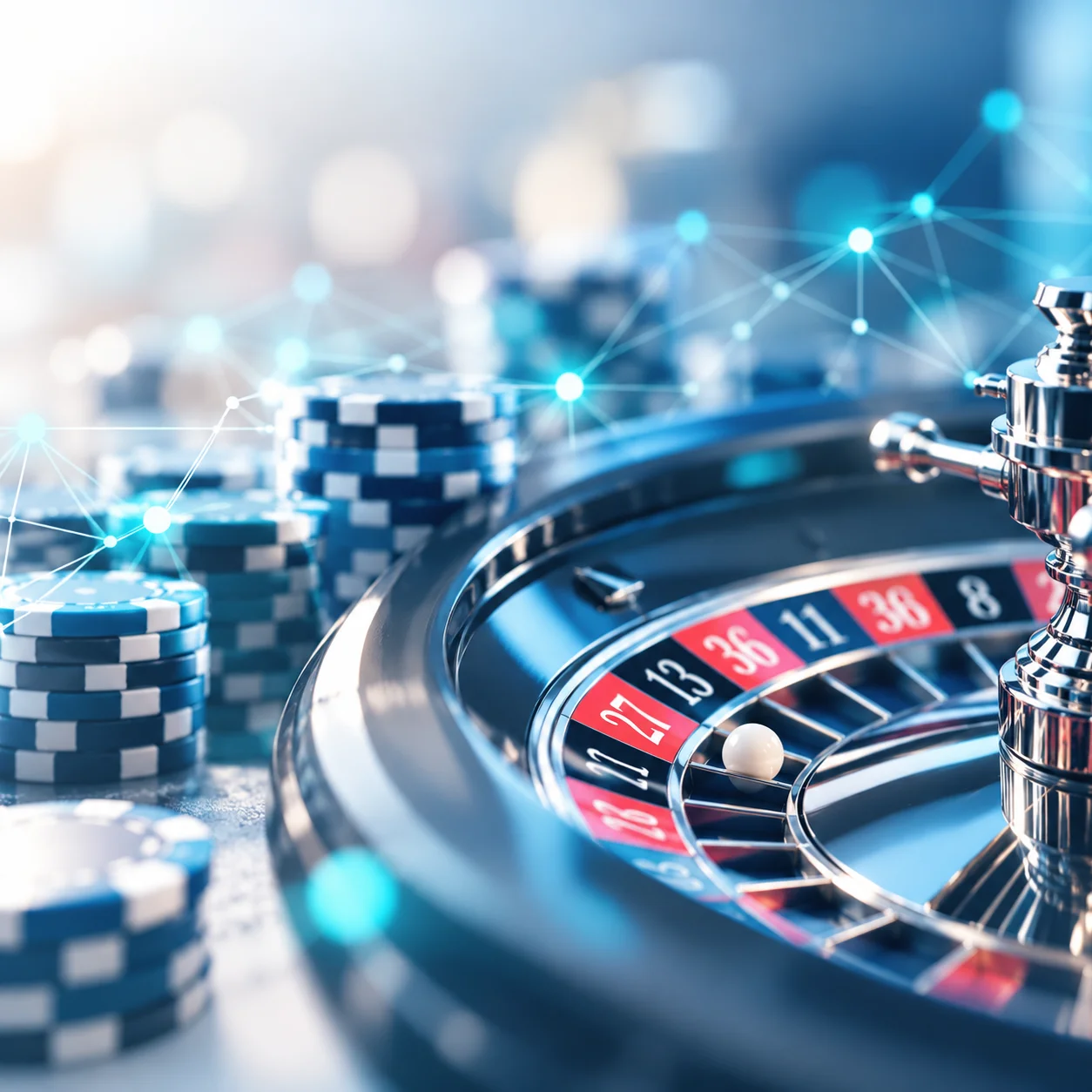 Roulette wheel and casino chips with a glowing cyan technology network